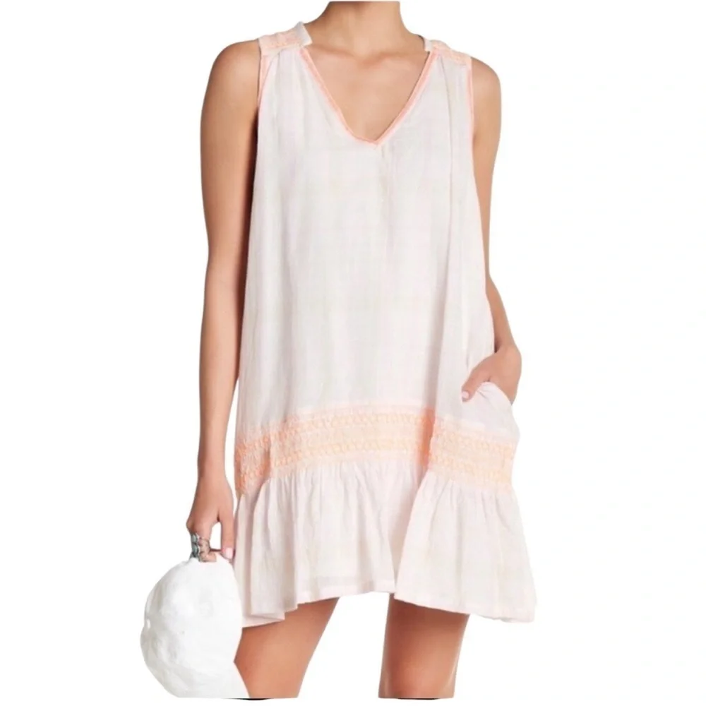 Free People Ivory Run With Me Plaid Mini Dress Size M Neon Orange Embroidery